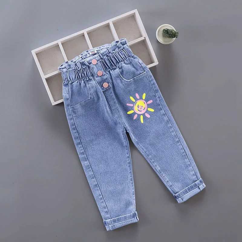 Kids Girl Jeans Floral Long Pants Spring Autumn Graffiti Painting Print Casual Trousers with Hole Children Denim Pants Z250220