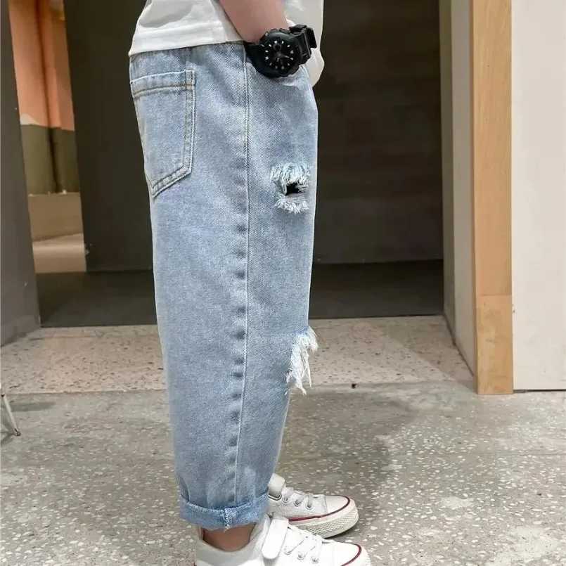 Spring Autumn 2-10Y Korean New Childrens Hole Trouser Childrens Boys Handsome Tear Patch Jeans Girls Pants Loose Jeans Z250220