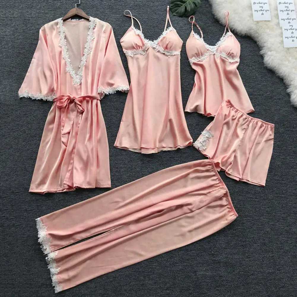 5 Pcs/Set Women Pajamas Suit Silky Satin Nightgown Nightdress Top Shorts Pants Set Lace Patchwork Lace-up Women Spwear SetXJ250220