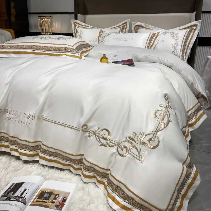 European Style Gold Edge Embroidered Bedding Set Luxury White Satin Cotton Duvet Cover Bed Sheets Pillowcases King Queen SizeXJ250220