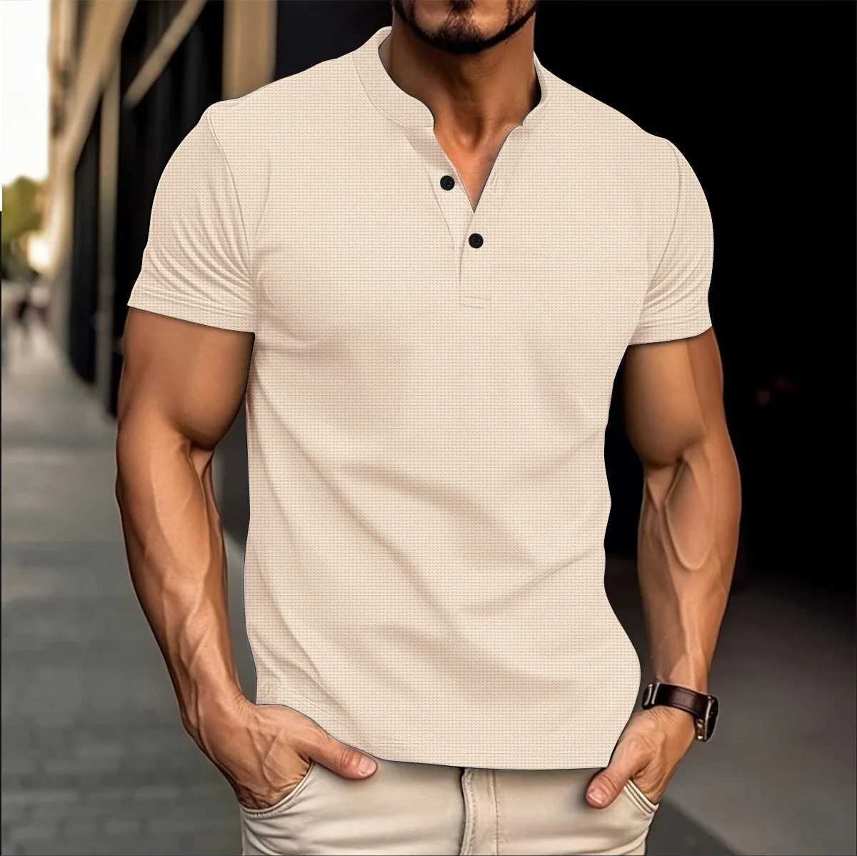 2024 Summer new style mens casual short-sleeved POLO shirt Fashion V-neck Waffle solid color button sports polo shirt top W250220
