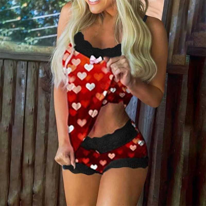 2 Pieces Set WomenS Pajama Shorts Suit Homewear Print Underwear Pijama Sexy Lingerie Camisoles Tanks Nighty Sling SpwearXJ250220