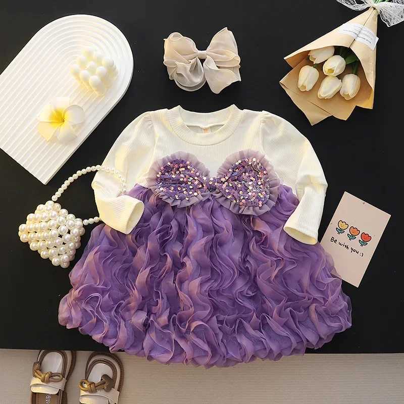 (Girls 0-3 Years Old) New Autumn Dress Upper Body Knitwear Bow Pleats Shaggy Mesh Pleats A-line Dress Birthday Party Team Dress X250220