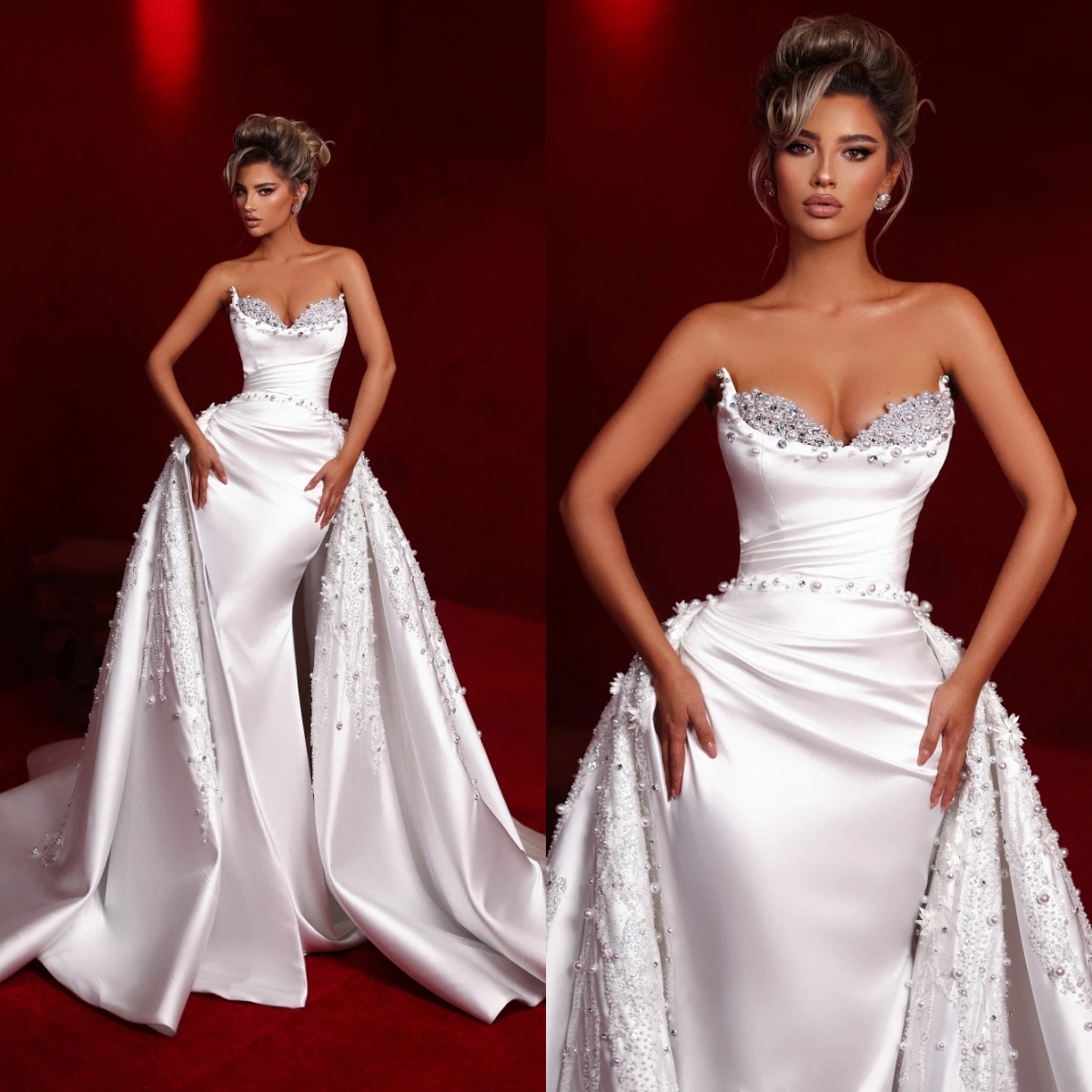 Elegant Mermaid Wedding Dress Sweetheart Neck Sleeveless Bridal Gowns Pearls Appliques Detachable Train Dresses Custom Made vestidos de novia