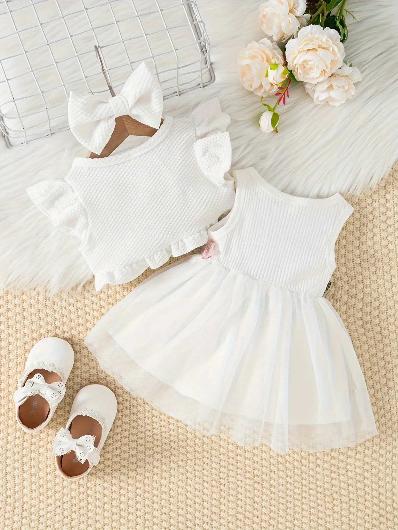 0-3 year old babies toddlers girls infants cute and sweet summer waist flower vests mesh dresses+same color jackets and hair accessories X250220