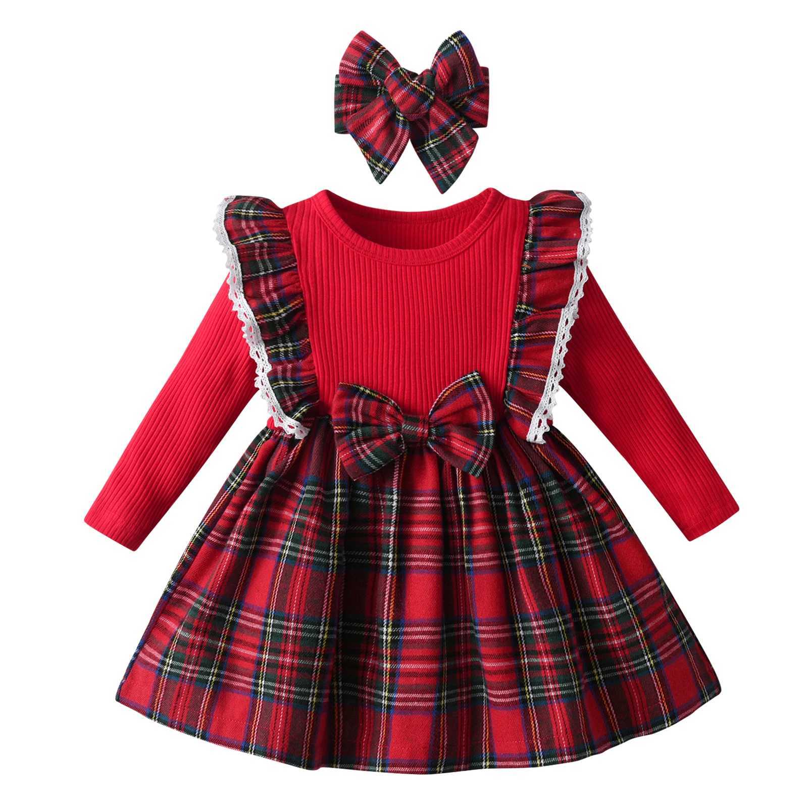 Spring Autumn Toddlers Baby Girls Princess Dress Clothes For 0-24 Months Cute Long Sleeve Plaid Dresses Come with Bow Headband X250220