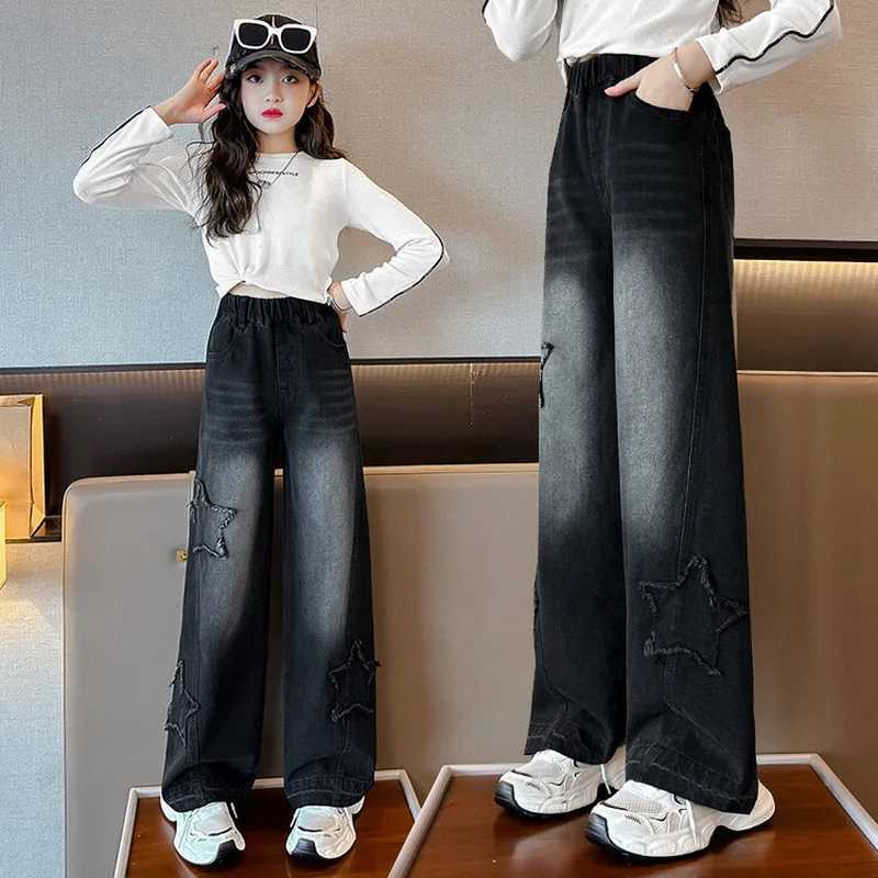 Teenage Girl Retro High Waisted Wide Leg Straight Jeans With Star Pattern For Kids Baby New Causal Denim Pants Girl Trousers Z250220