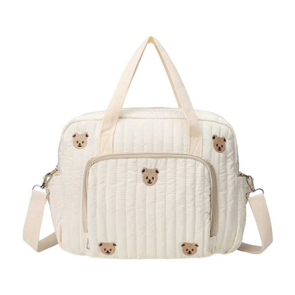 Bear/Flower Quilted Baby Nappy Bag Multifunctional Utility Tote Bag Cotton Travel Diaper Tote Adjustable Strap Diaper Handbag X250220