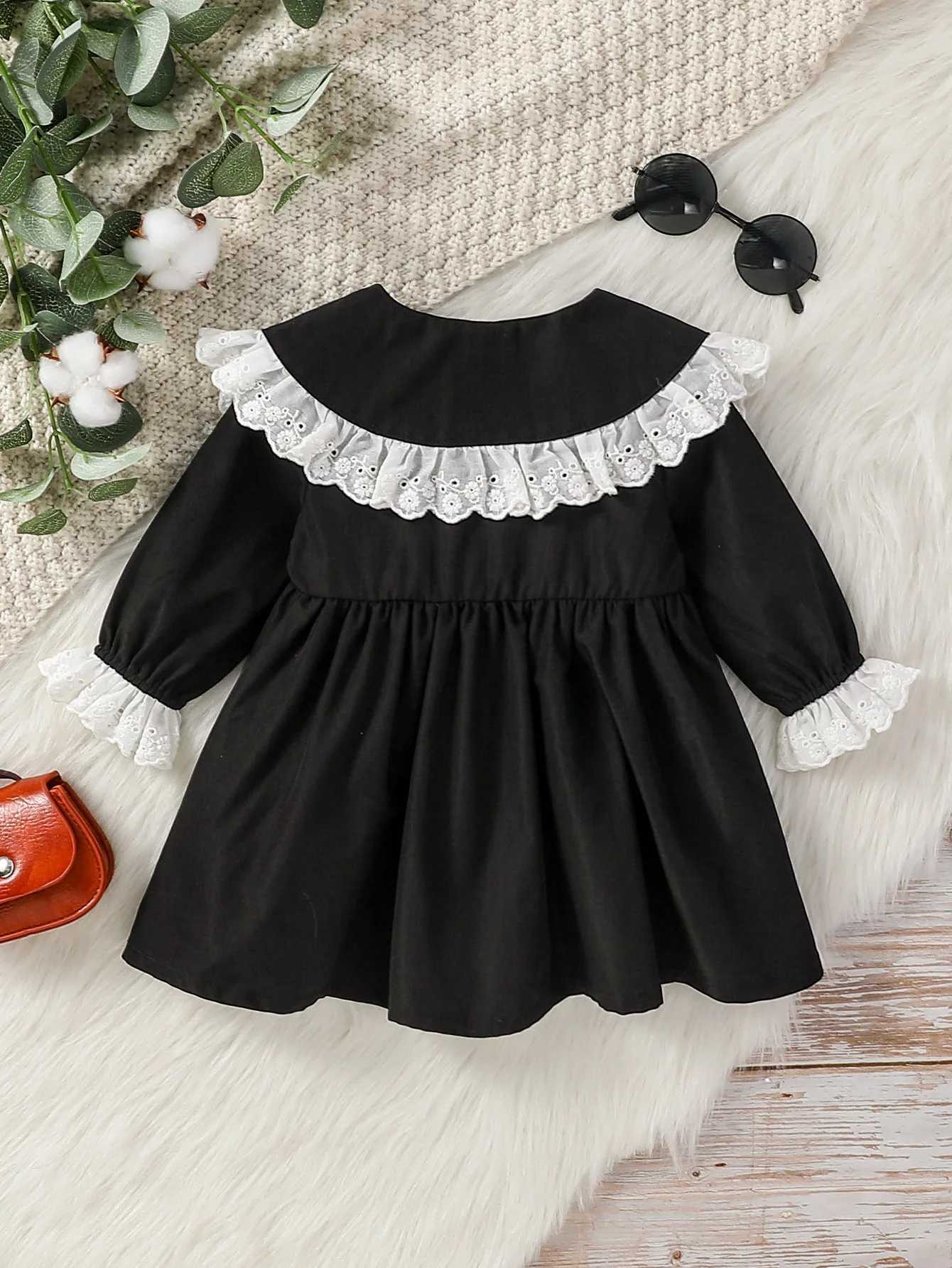 Baby Girls Long Sleeve Spring/ Autumn Doll collar With Lace Black Fashion European and American style Dress For 1-3Y X250220