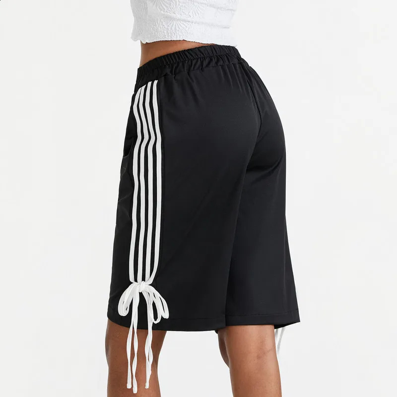 WPNAKS Women Stripe Knee Length Shorts Summer Clothes Elastic Waist Side Stripes Print Bow Details Loose Shorts Streetwear 250214