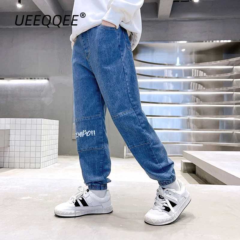 Spring Autumn Children Jeans 4-14Y Boys Cotton Print Splice Stretch Denim Pants Korean Teenage Trousers Wear Kids Clothing New Z250220