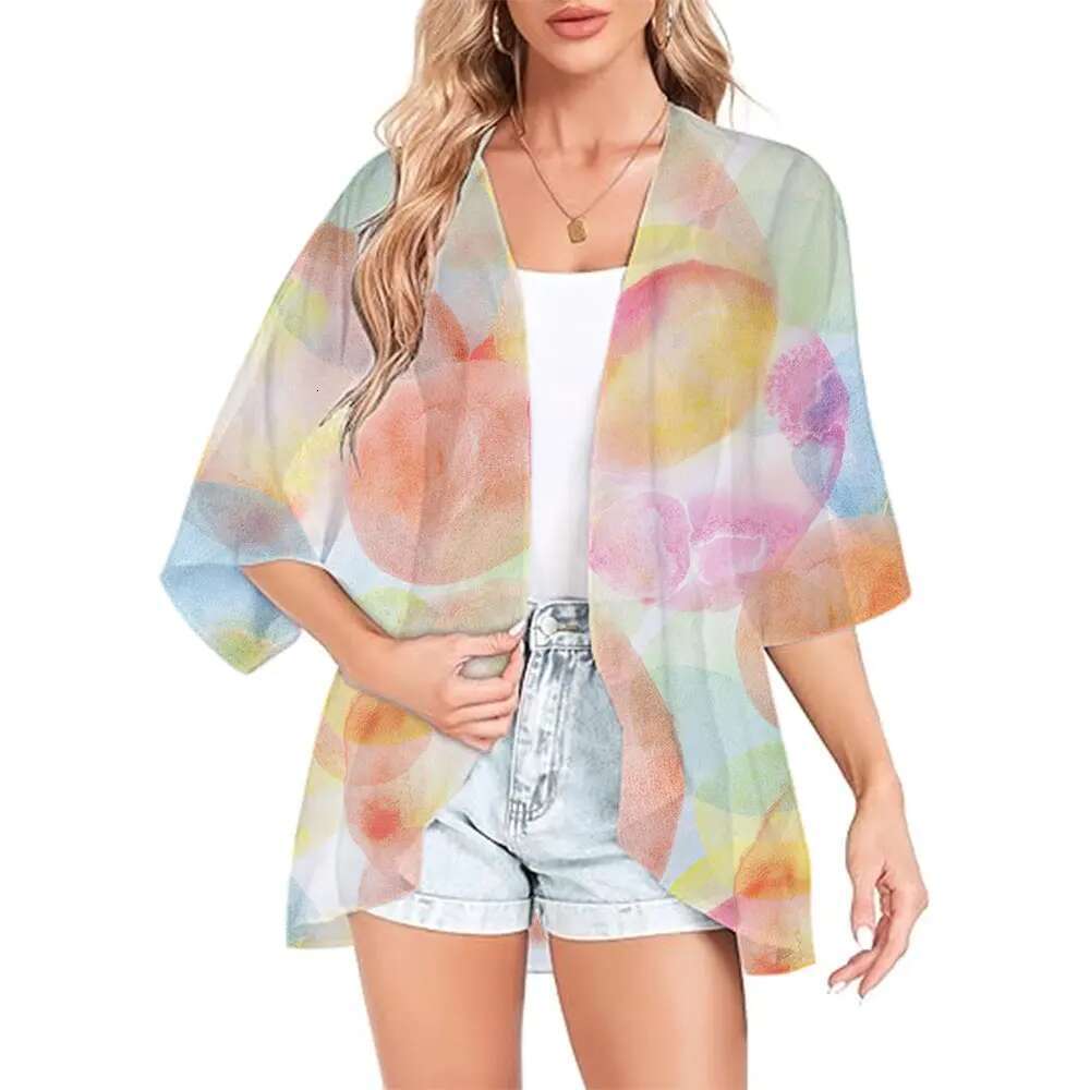 Elegant Chiffon Swimsuit Capes Ral Print Kimono Cover Up Cardigan Shirt Tops Fashion Casual Resort Wear Bathing Suit Blouse