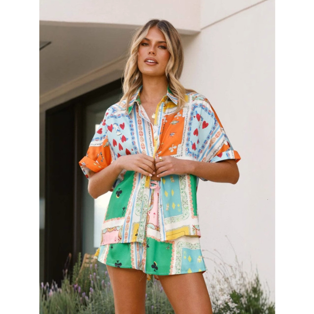 Women Tracksuits Two Pieces Set Designer 2025 New Fashion Casual Cotton Linen Printed Shirt Shorts Set 27 Colours