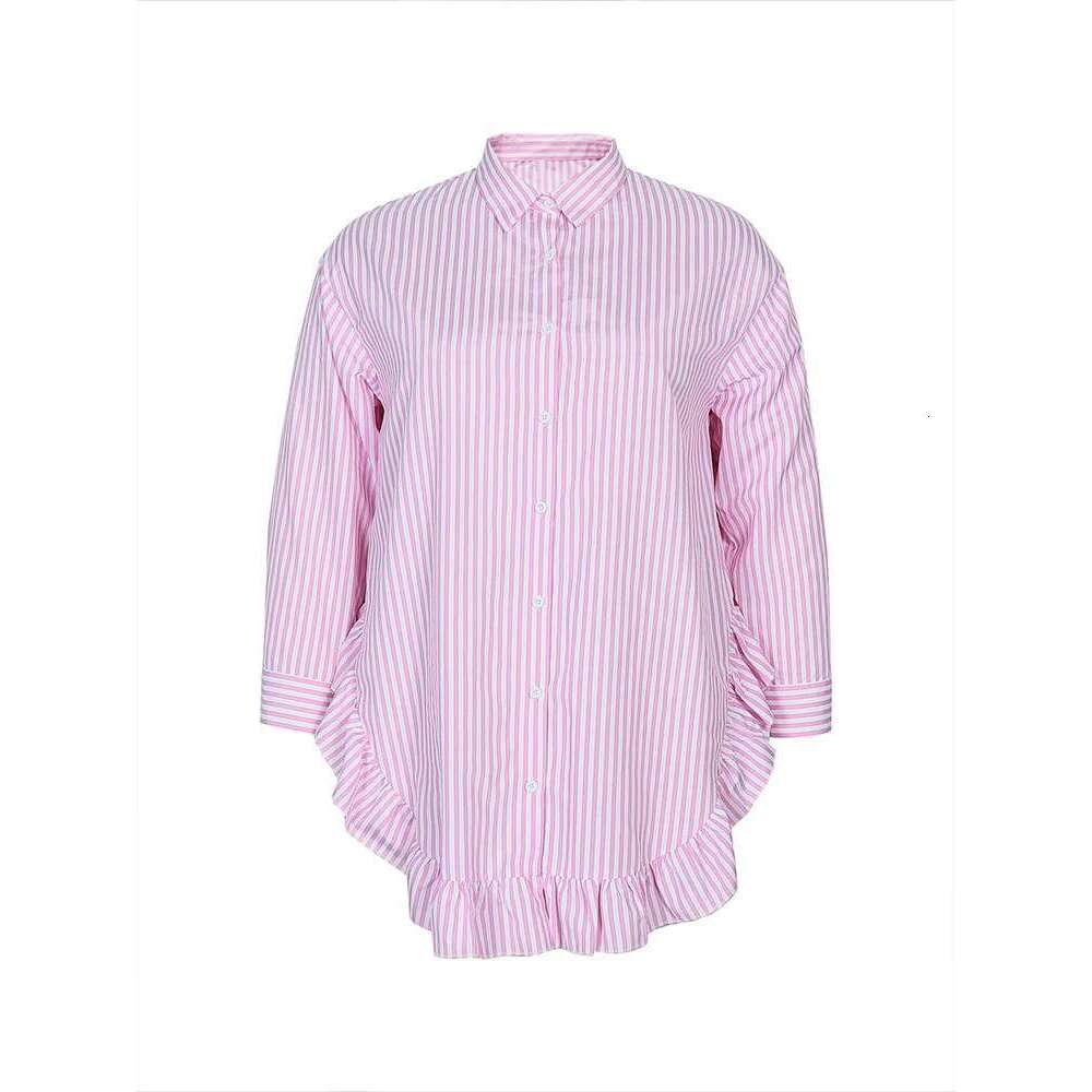 Plus Size 2024 Autumn New High Collar Sleeve Pink White Striped Women's Long Shirt Comfortable Casual