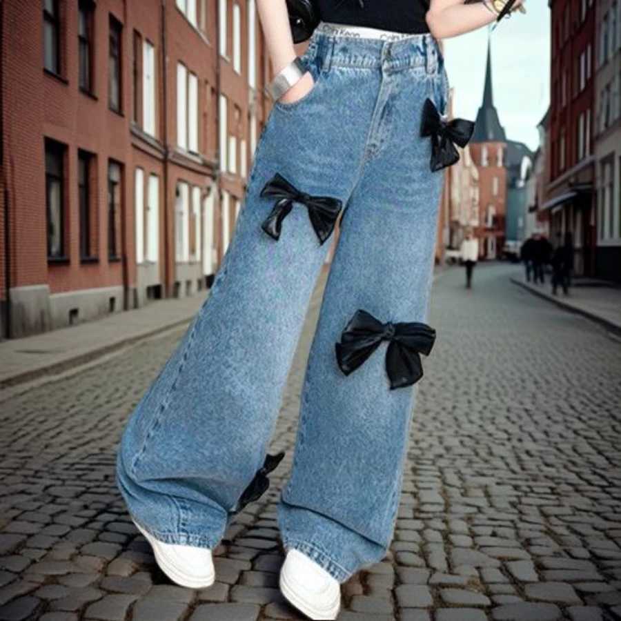 School Girls Jeans 2025 Spring Teen Childrens Wide Leg Pants Retro Black Triple Bow Blue Jeans Trousers for Kids Z250220