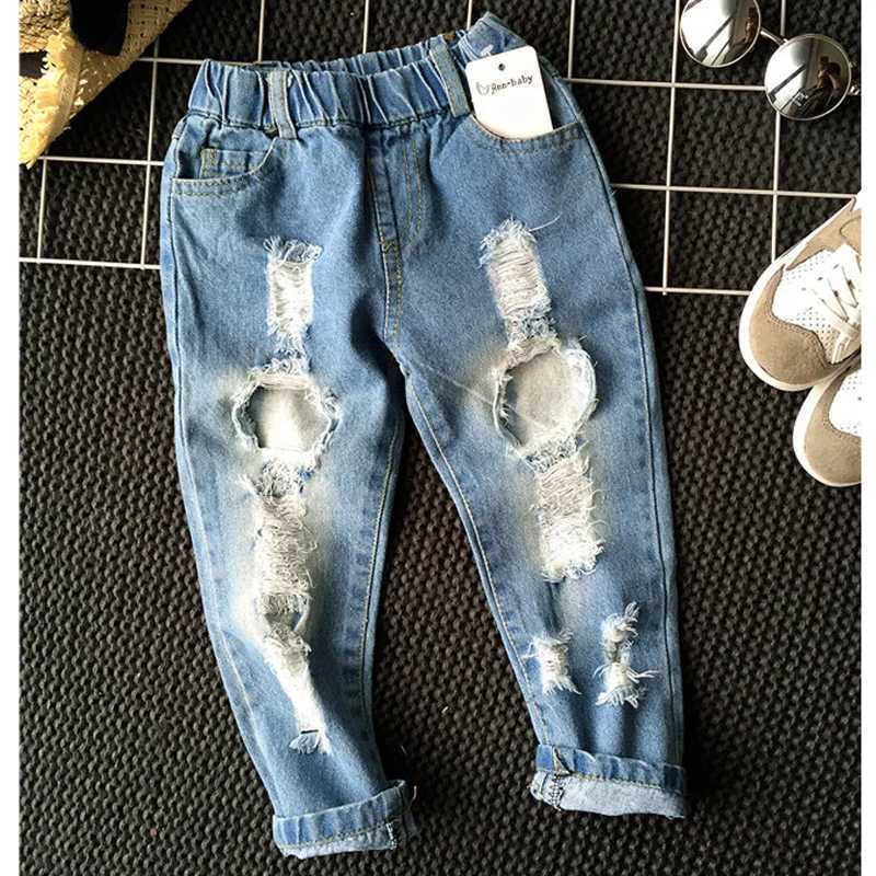 1-8yrs School Boys Clothes Children Broken Hole Jeans Pants New 2021 Baby Girls Jeans Pants Brand Trousers Fashion Jeans Z250220