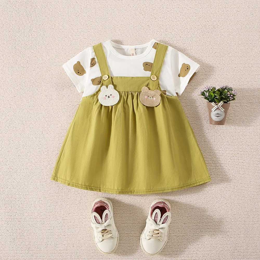 Summer womens cotton teddy bear printed short sleeved dress womens fake two-piece dress with cute dress X250220