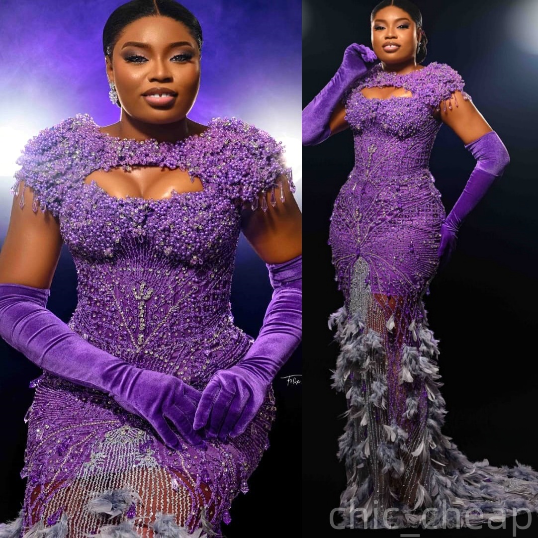 Purple Mermaid Prom Dresses 2025 Feather Crystals Pearls Sequined Evening Formal Party Second Birthday Engagement Gowns Plus Size Dress For Special Oc