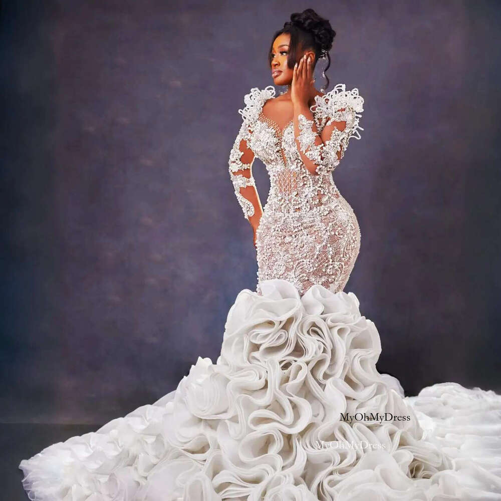 2024 Urious Mermaid Dress For Bride Bridal Long Sleeves Appliqued Beaded Lace Pearls Crystals Ruffled Wedding Gowns For Black Women Marriage D238 0219
