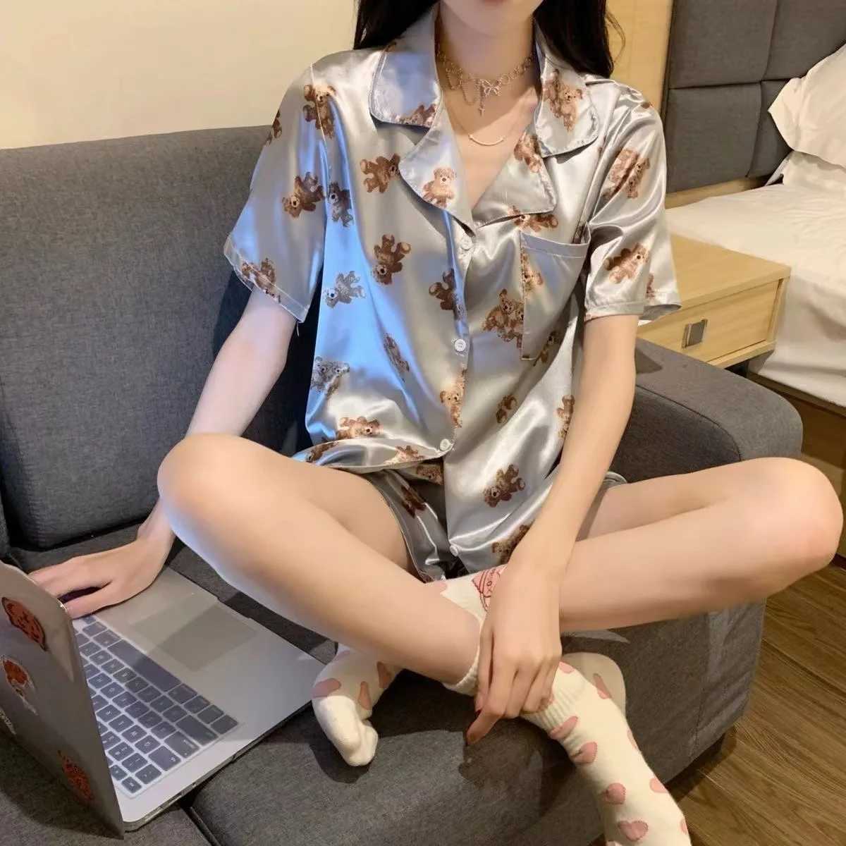 New Ladies Two-Piece Pajamas Ice Silk Women Short-Sved Cardigan Shorts Grey Bear Cute Summer Ladies Pajamas Homewear SetXJ250220