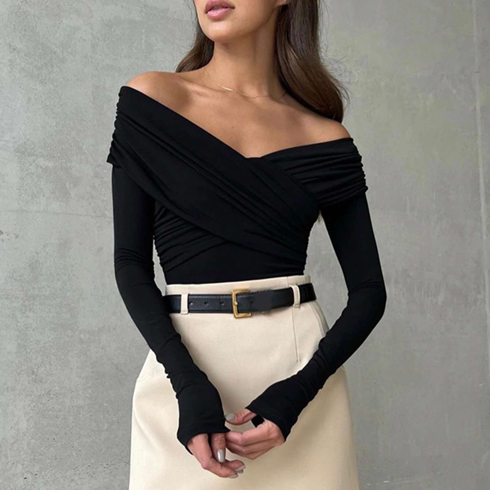 Women Off Shoulder Short Shirts Fashion Front Cross Long Sleeve Slim Fit Tops Ladies Clothing Clubwear Female Streetwear
