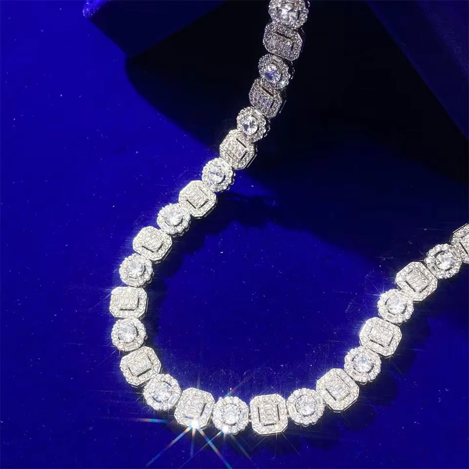 Hip Hop Custom Baguette Vvs Moissanite 10mm Square Halo Bg Cubic Zirconia Cluster Tennis Chain Necklace