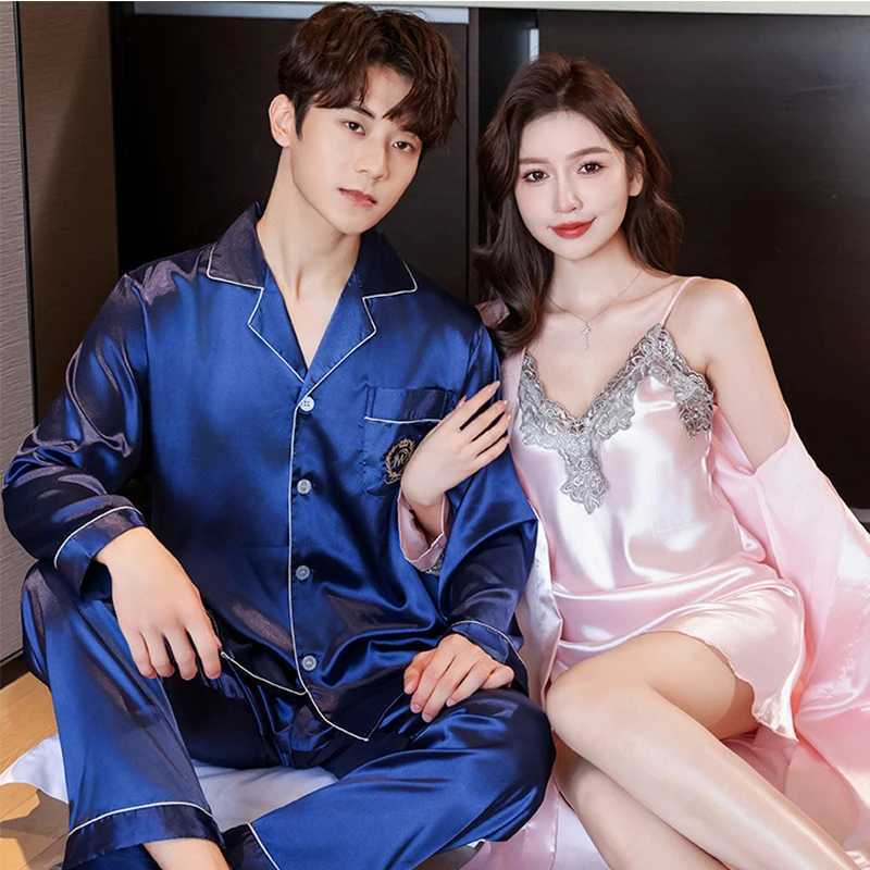 Couple Lounge Sp Wear Silk Pajamas Set Women Lace Sling Nightdress With Robes Bride Wedding Spwear Mens Nightie Set PajamaXJ250220