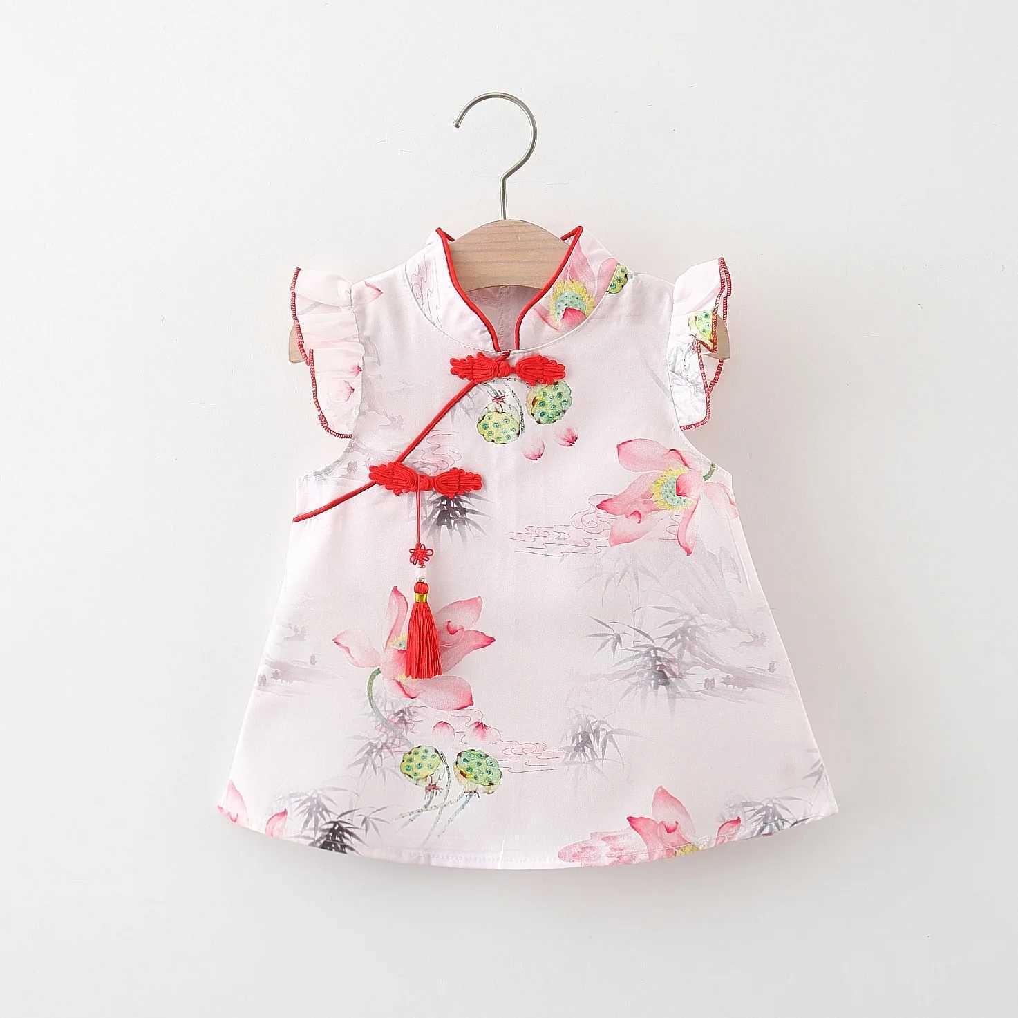 Chinese Style Girls Dress Summer Baby Girl Cartoon Panda Bamboo Print Small Flying Sleeves Buckle Tassel Cheongsam Dress X250220