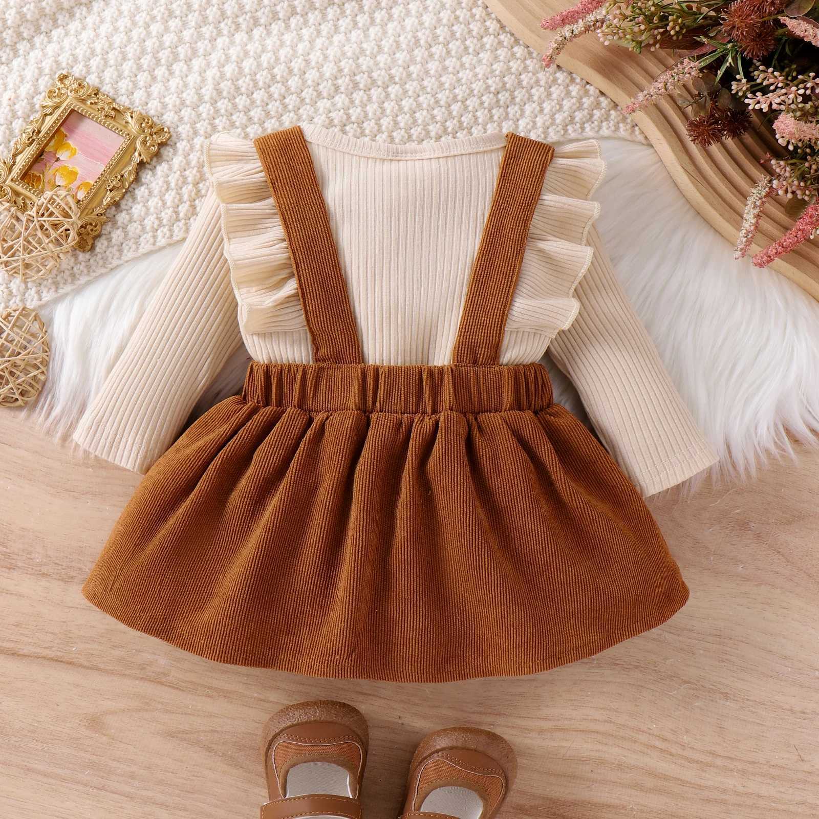 2PCS Autumn New Style For 0-1 Year Old Girls Comfortable Simple And Fashionable Long-Sleeved Suit + Coffee Strap Skirt X250220