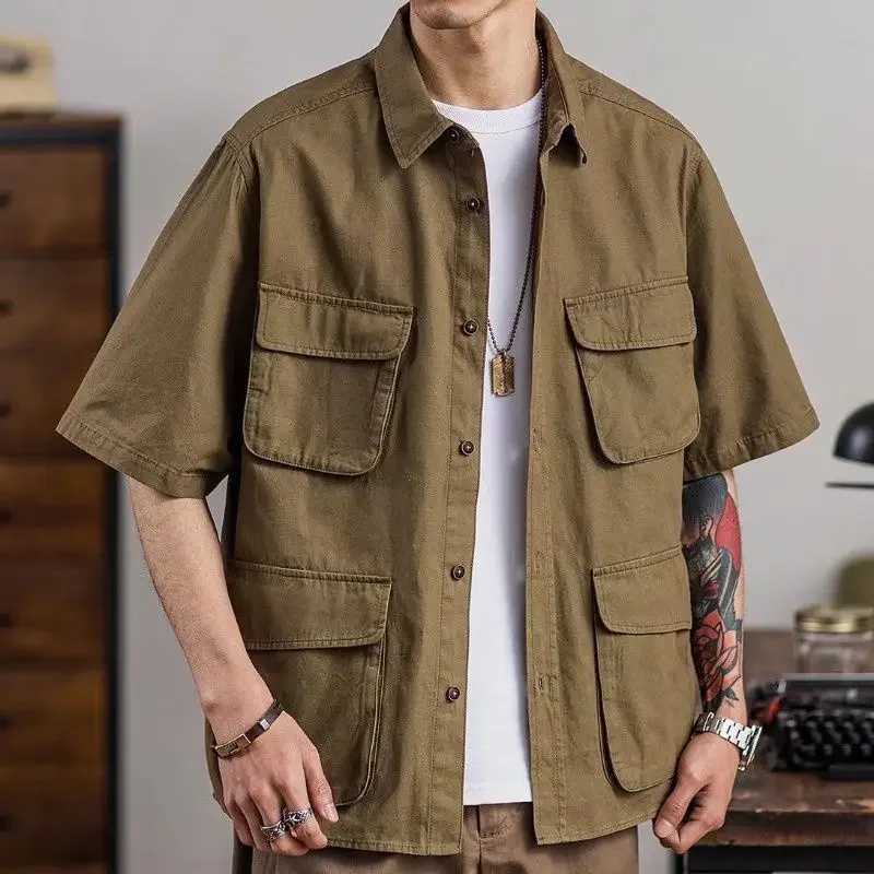 American retro work shirt khaki short sleeved multi pocket summer casual fashion brand mens clothing W250220