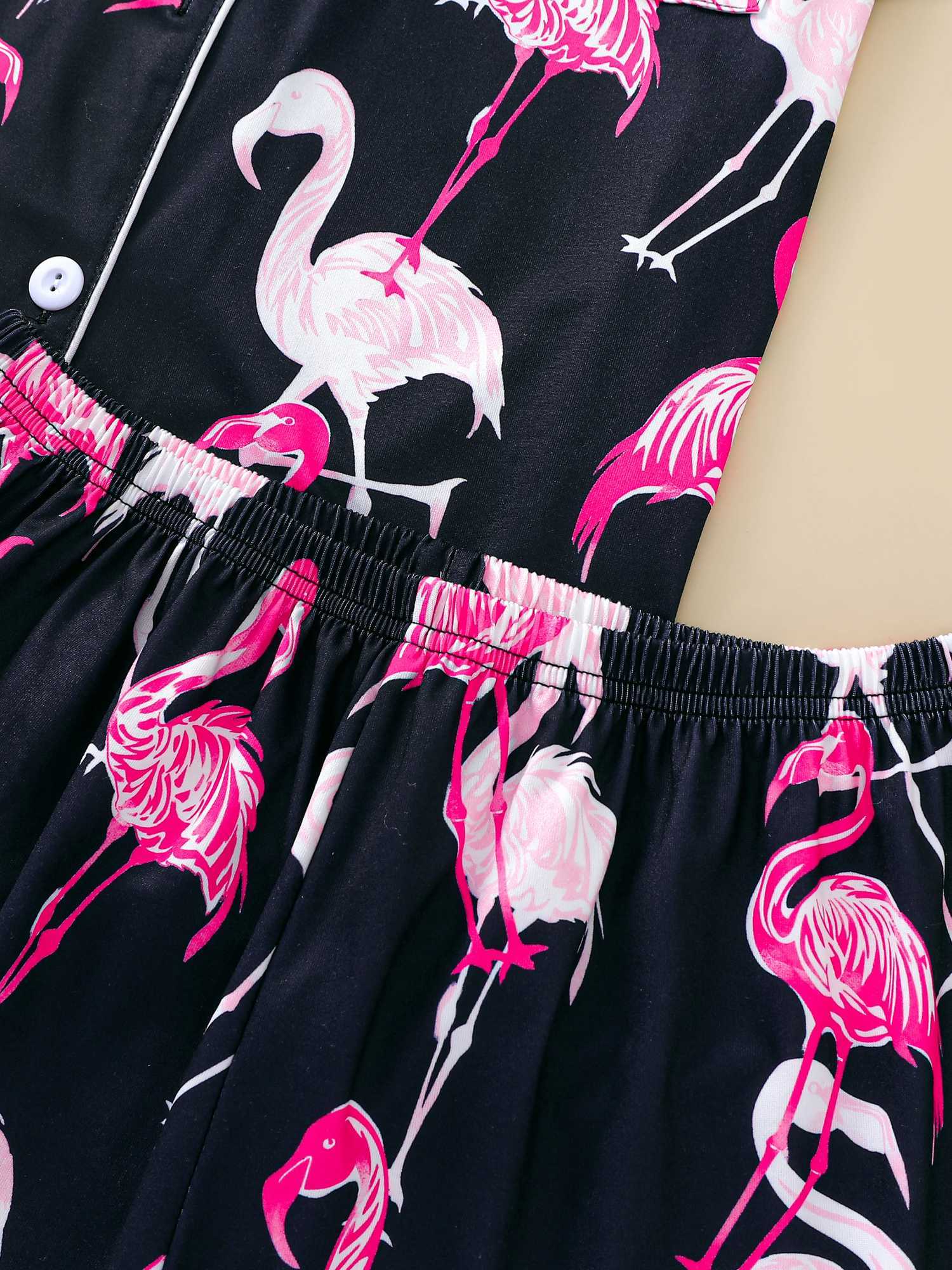 Two-piece set of womens pajamas lapel top and trousers Flamingo summer casual womens pajamas home wearXJ250220