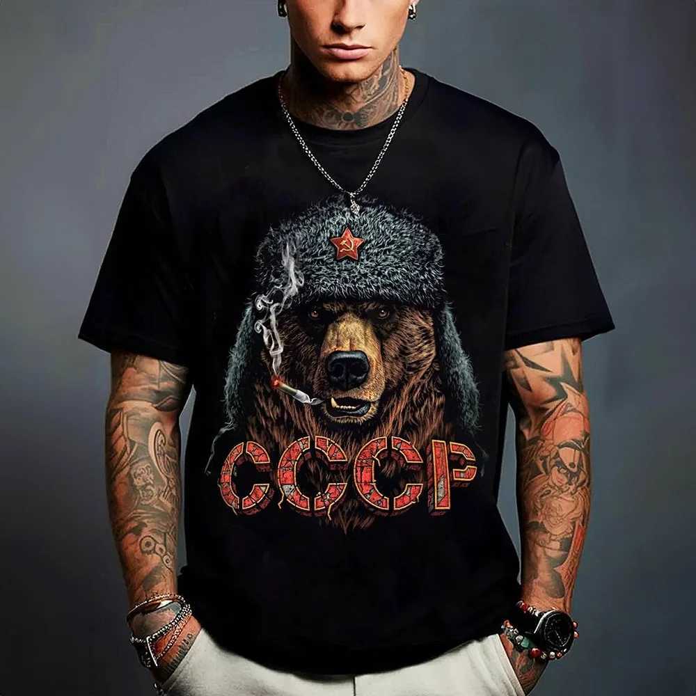 Vintage T-shirt For Men Animal Russian Brown Bear Print T Shirts Short Sleeve Tee Casual Streetwear Oversized Men Clothing Tops W250220
