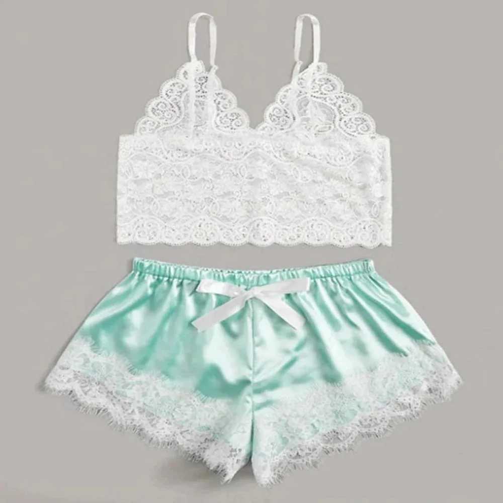 Sexy Lace Silk Spwear Two Piece Set of Suspender Shorts for Women Pajamas Set Lingerie Crop Tops Shorts NightwearXJ250220