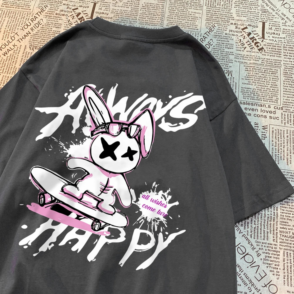 Forever Happy Skateboarding Rabbit Mens Tshirt Oversized Harajuku Soft Clothing Fashionable Breathable Cotton Oneck 250213