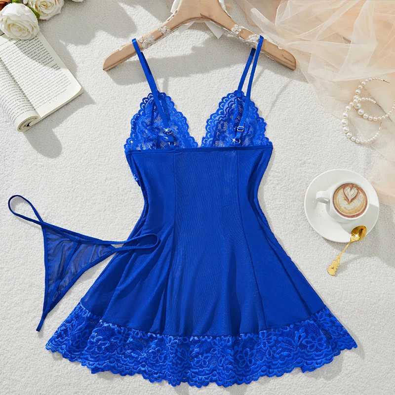 Sexy Women Lingerie Nightgown Set Sex See Through Sling Mini Sleepwear Thong Two-piece Outfit Erotic Costume Lace Babydoll DressXJ250220