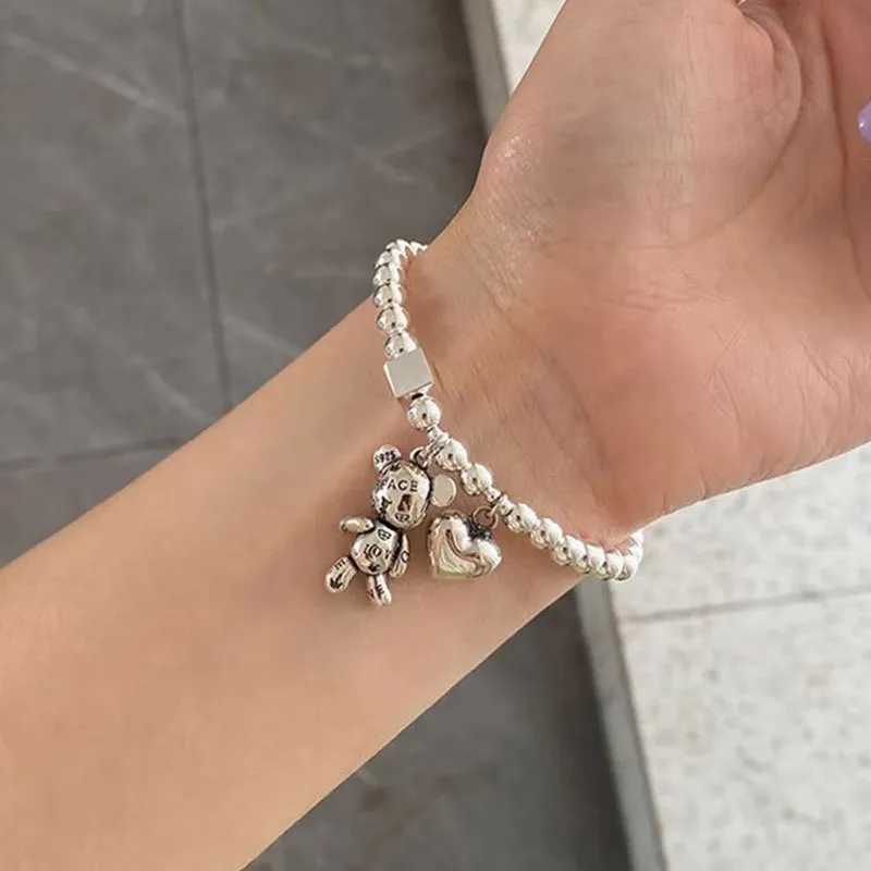 925 Sterling Silver Bracelets for Women String of Beads Accessories Trend Vintage Simple Cute Bear Pendant Party Jewelry W250221 Z250910