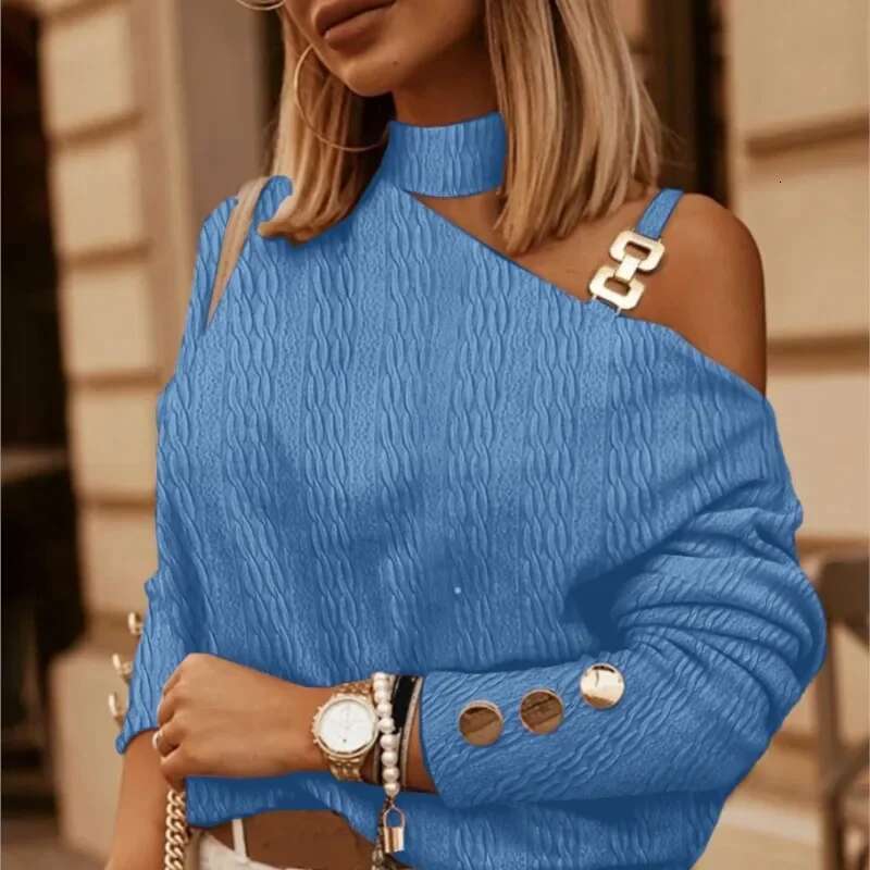 2024 Spring Autumn Sexy Off Shoulder Shirt Chain Hanging Neck Button Tops Fashion Elegant Women's White Blouse Feminine Clothing