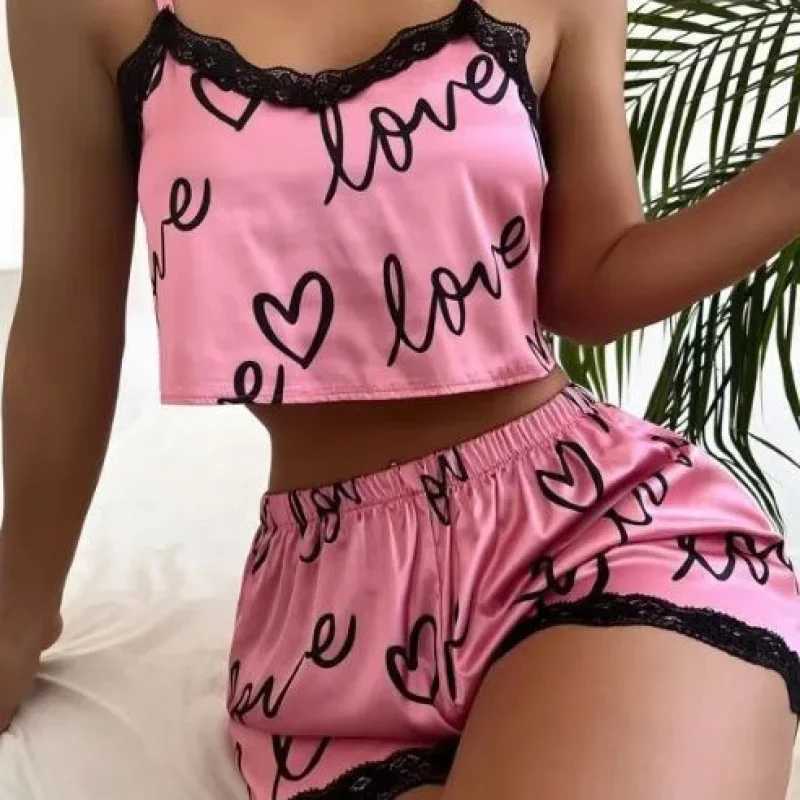 Two piece set of womens pajamas shorts set home clothes printed underwear sexy underwear imitation silk pajamas for womenXJ250220