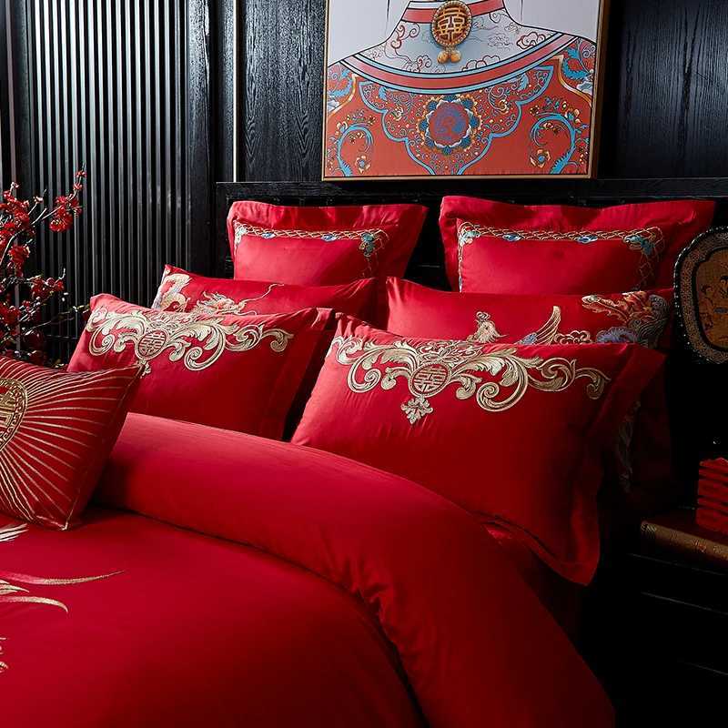 Luxury Dragon Phoenix Embroidery Duvet Cover Set 100%Cotton Chinese Wedding Red Bedding Bed Sheet Pillow Cover Queen King SizeXJ250220