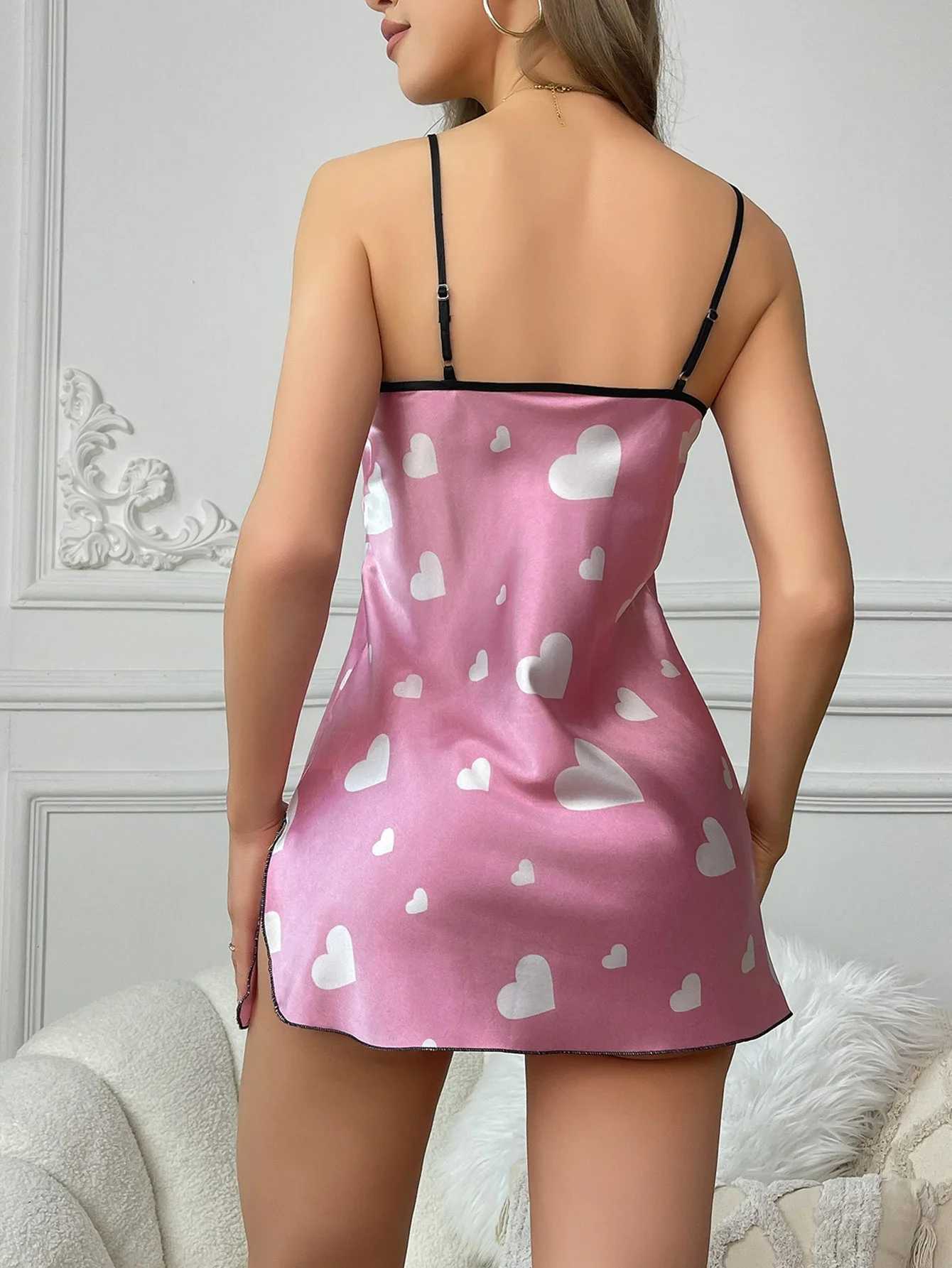 Sexy Heart Print Satin Slip Nightdress V Neck Backless Adjustable Strap Mini Sp Dress Womens Spwear DressesXJ250220