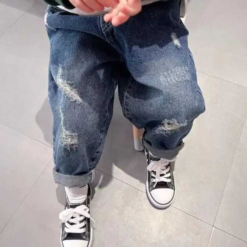 Kids Boys Jeans Spring and Autumn New 2023 Fashionable Broken Copper Childrens Baby Elastic Soft Pants Boys Trousers Z250220