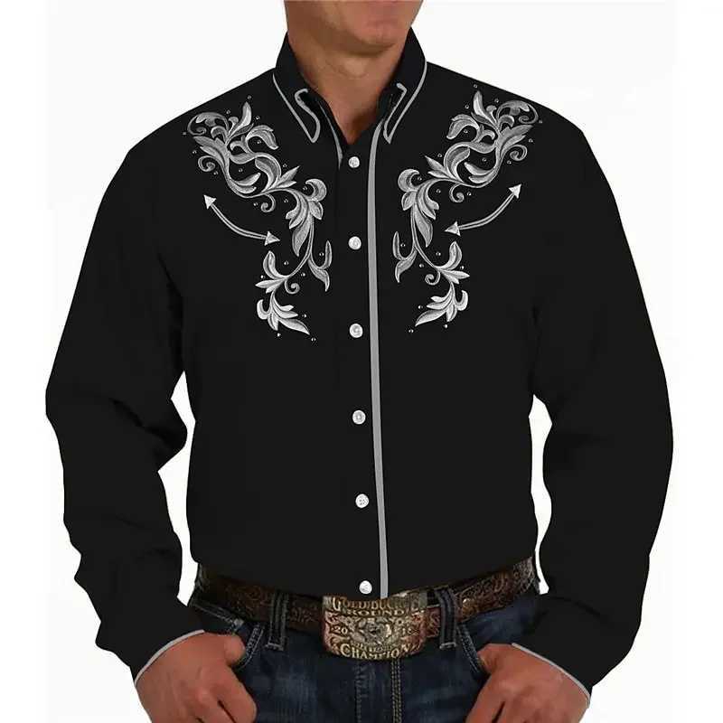 Mens shirt Western Denim pattern leaf cuffs Outdoor street long sleeve shirt button design fashion casual top W250220