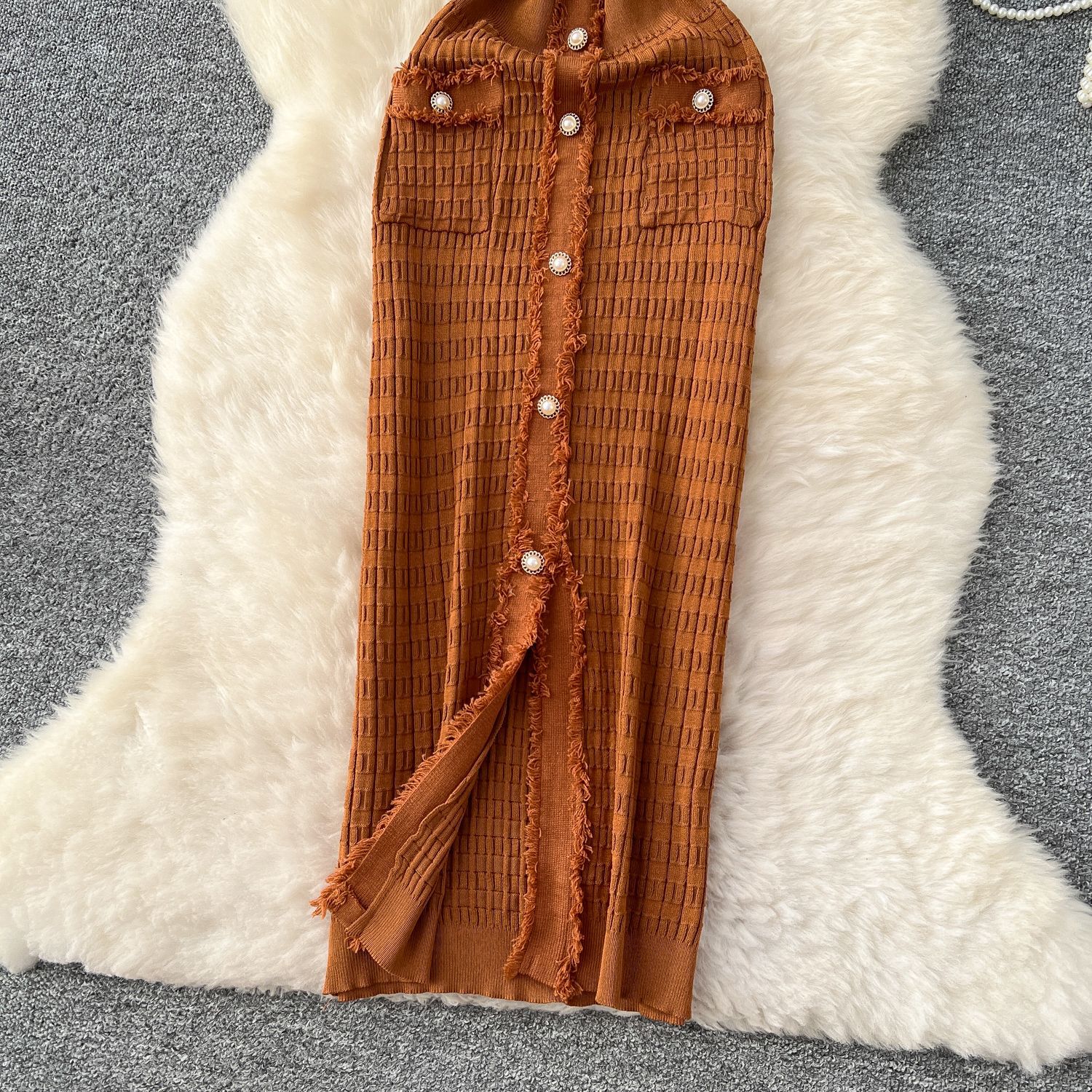 2025 New Summer Arrival Women Knitted Maxi Long Elegant V-neck Single-breasted Split Sweater Dress Office Lady Vestidos