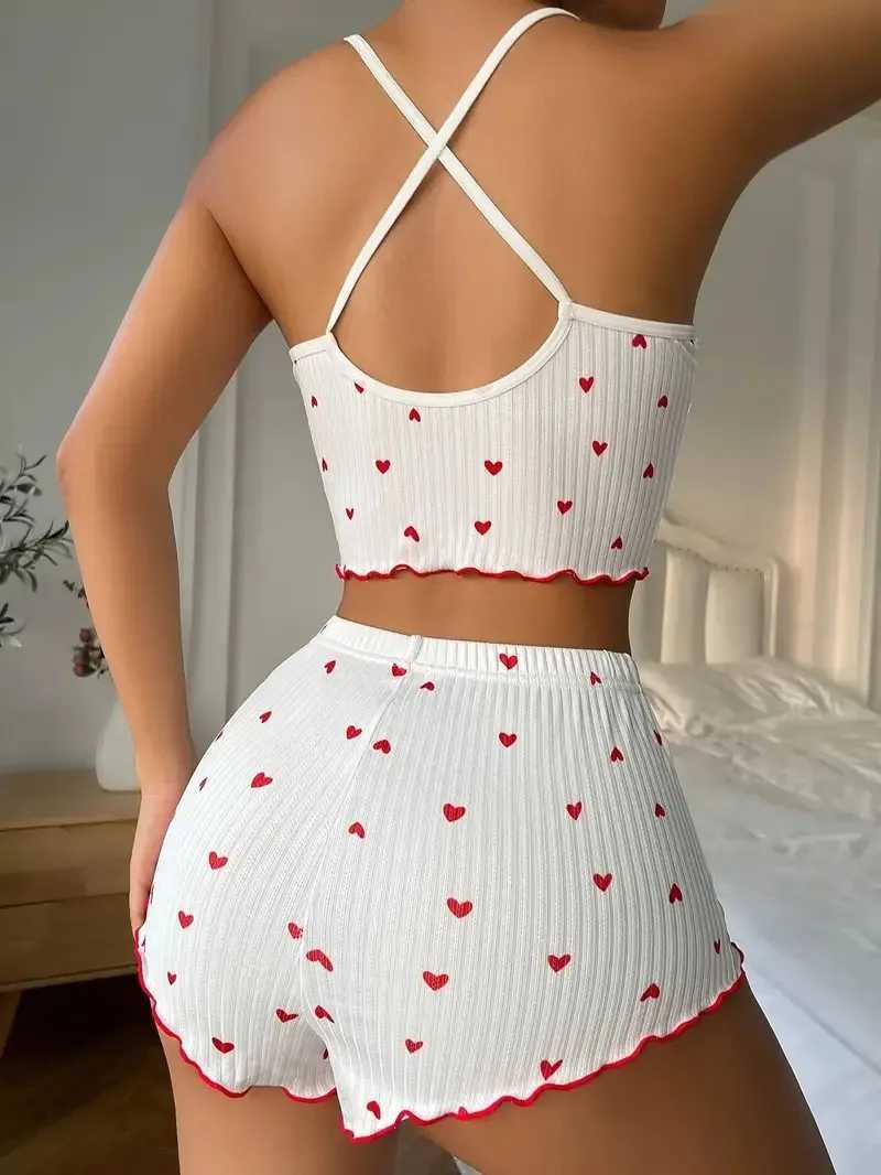 Heart Print Pajama Set for Women Sexy Spwear Silk Stain V-Neck Sveless Casual Cami Top and Shorts Sets LoungewearXJ250220