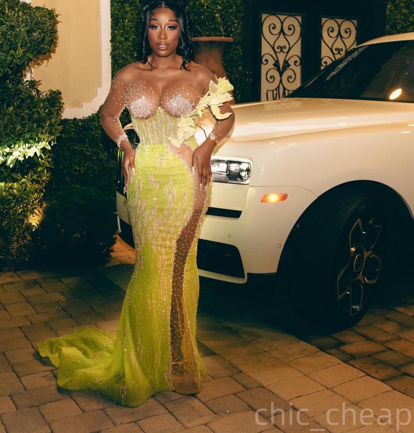 Yellow Green Mermaid Prom Dresses 2025 Florals Beaded Sequined Evening Formal Party Second Birthday Engagement Gowns Plus Size Dress For Special Occas