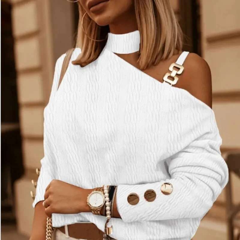 2024 Spring Autumn Sexy Off Shoulder Shirt Chain Hanging Neck Button Tops Fashion Elegant Women's White Blouse Feminine Clothing
