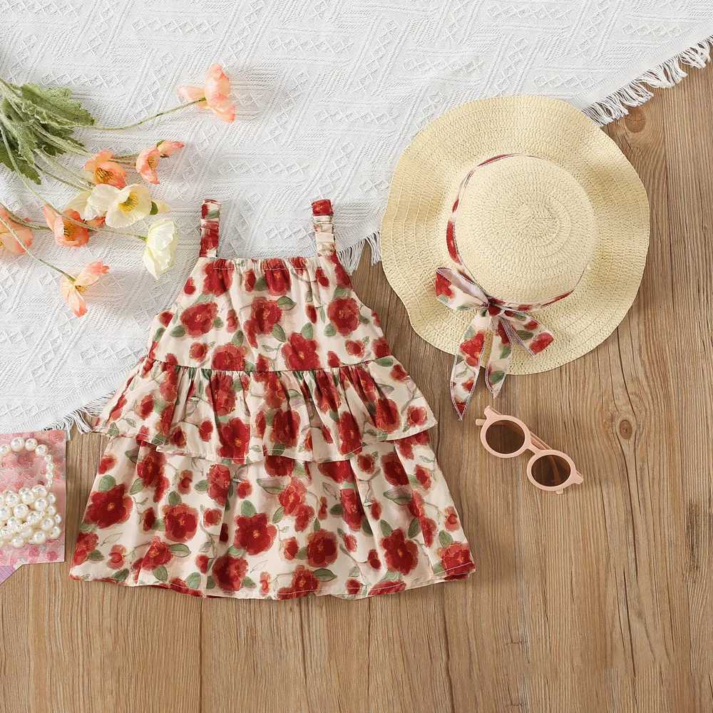 Summer New Girls Dress Hand-Painted Wind Rose Cake Layer Dress Birthday Party Team Dress Sweet Princess Dress Complimentary Hat X250220