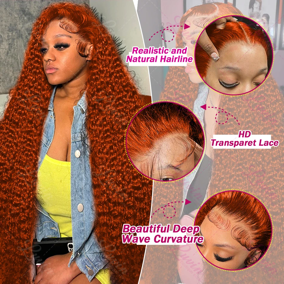 200 Density 350 Orange Ginger Curly Human Hair For Women 13x6 Hd Lace Frontal Deep Wigs Brazilian Water Wave Color Wig