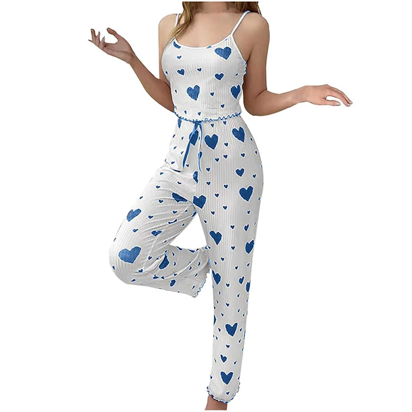 2025New Women pajamas plus size pajamas set 2 piece short vest + trouser white breathable soft casual love printXJ250220