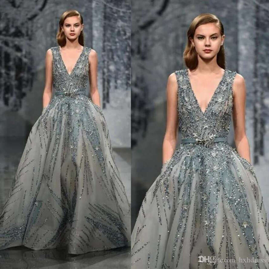 Ziad Nakad Gown Deep V Neck Beads Sequins Prom Dresses Or Length Bg Formal Evening Wear Party Dress Plus Size 4271